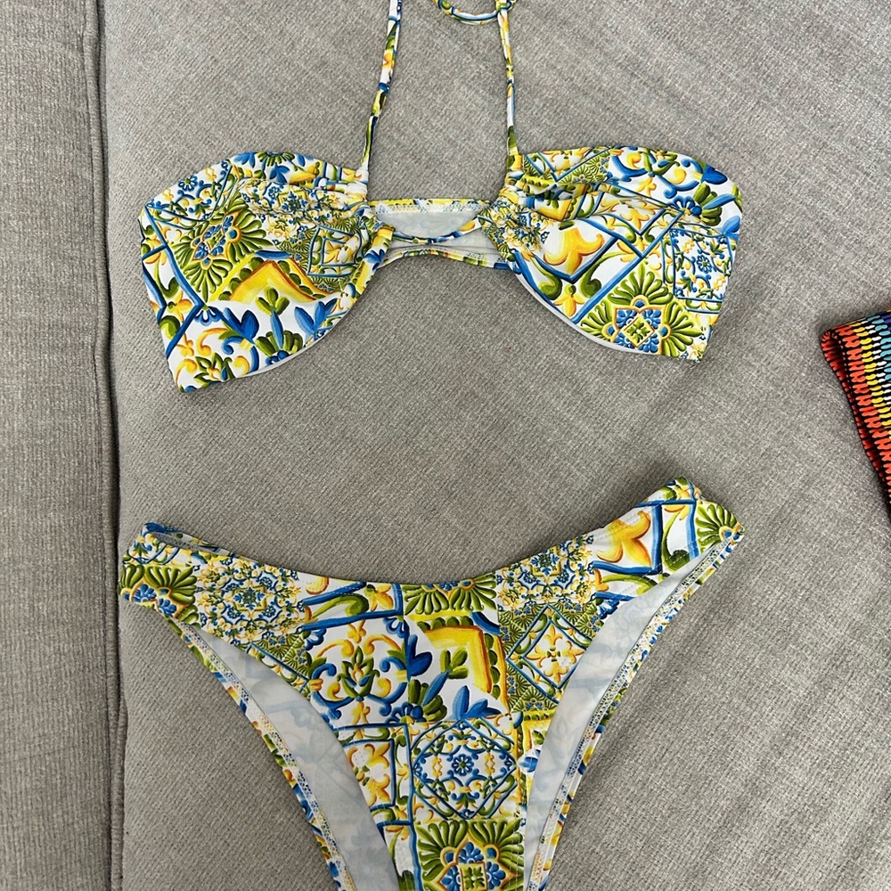Tile Print Bikini Set in Yellow, Blue & Green